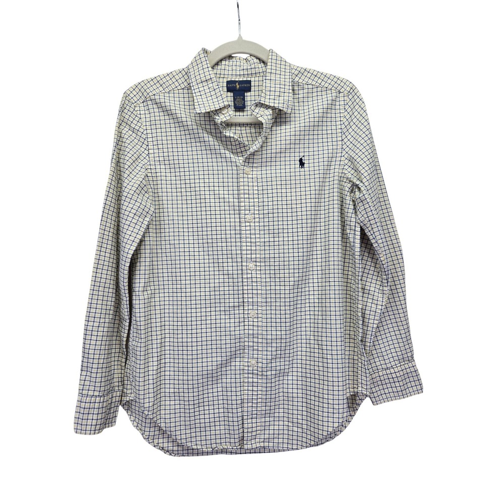 Ralph Lauren Boys Yellow Navy Check Button Down Shirt Size L 14-16 Cotton Pony‎